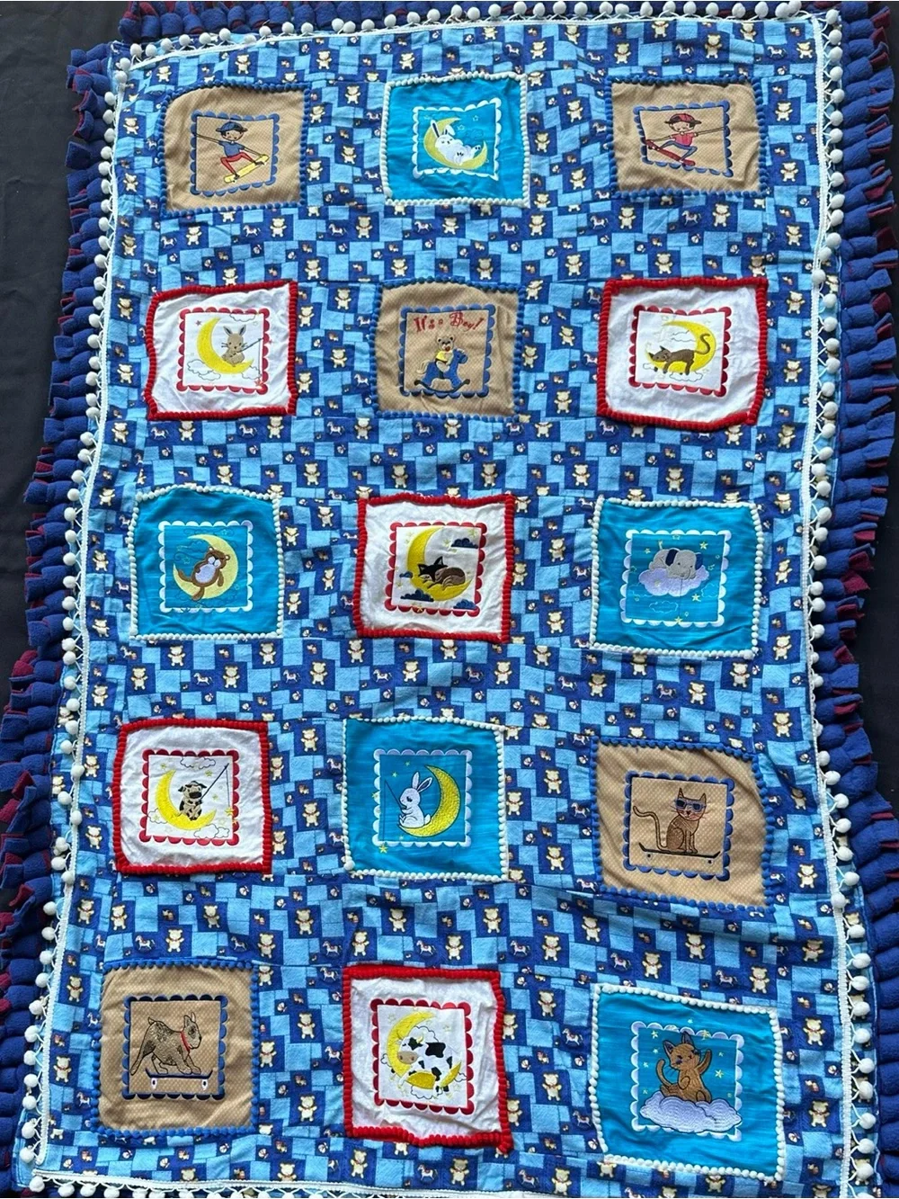 HANDMADE BABY BOY QUILT BLANKET EMBROIDERED STORYBOOK ANIMAL PATCHWORK FLANNEL